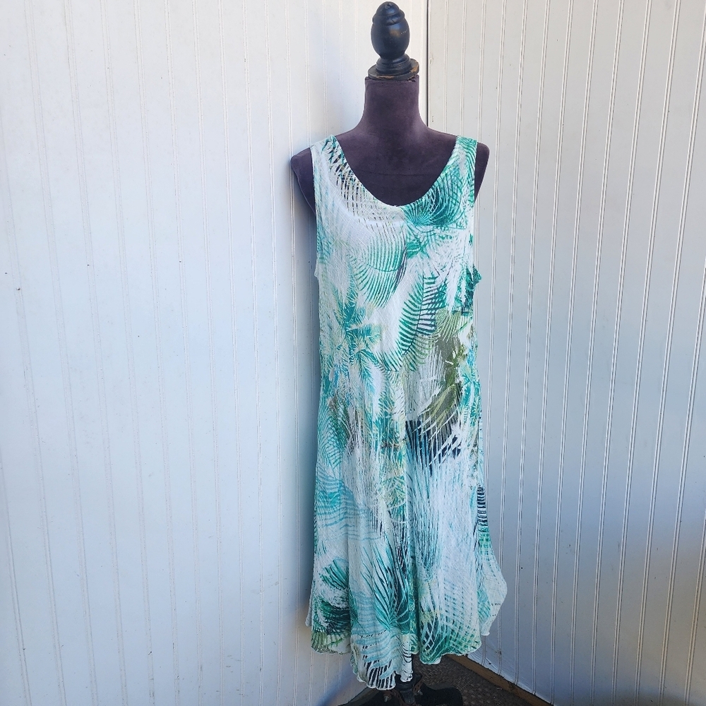 Impulse California 2PC Green Palm Textured Dress Ruffle Sleveless USA Sz L